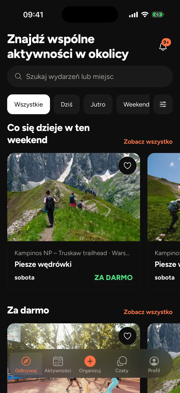 Ekran Odkrywaj w aplikacji Spotco z nadchodzącymi wydarzeniami w Warszawie